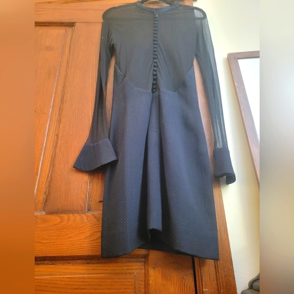 Vera Wang Dark Blue Button Closure Sheer Sleeve Flare Cuff Mid-Length Dress - Picture 3 of 5